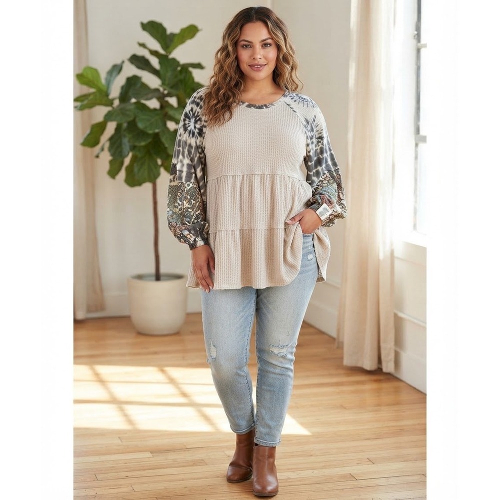 Beige Waffle Knit Tiered Babydoll Tunic Tie Dye Floral Sleeves S